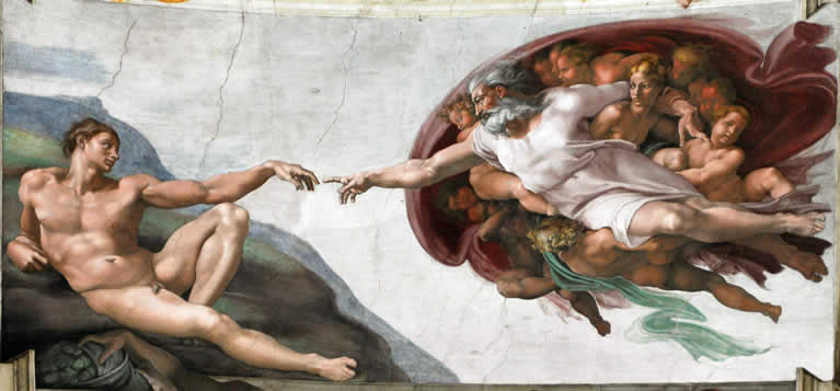 La creación de Adán pintada al fresco por Miguel Ángel en la Capilla Sixtina